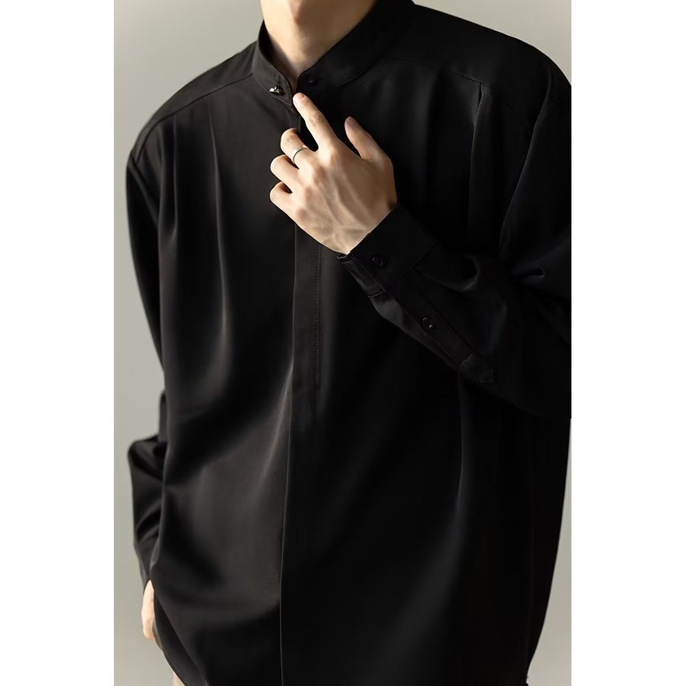 Mens Casual Loose-fitting Long-sleeve Shirt With A Stand-up Collar