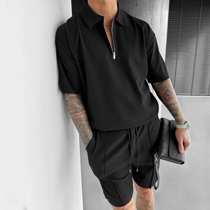 Summer Fashion Mens Clothing  Men's Suits New Zipper Polo Casual Short Sleeve Drawstring Shorts Men's Set null