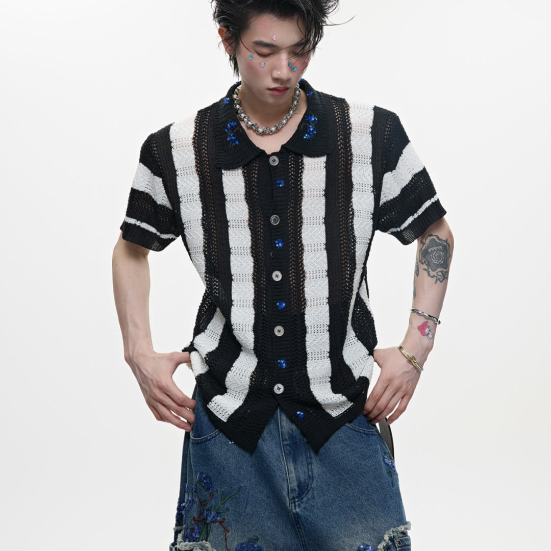 Men's Patchwork Striped Niche Retro Knitted Short Sleeved Shirt