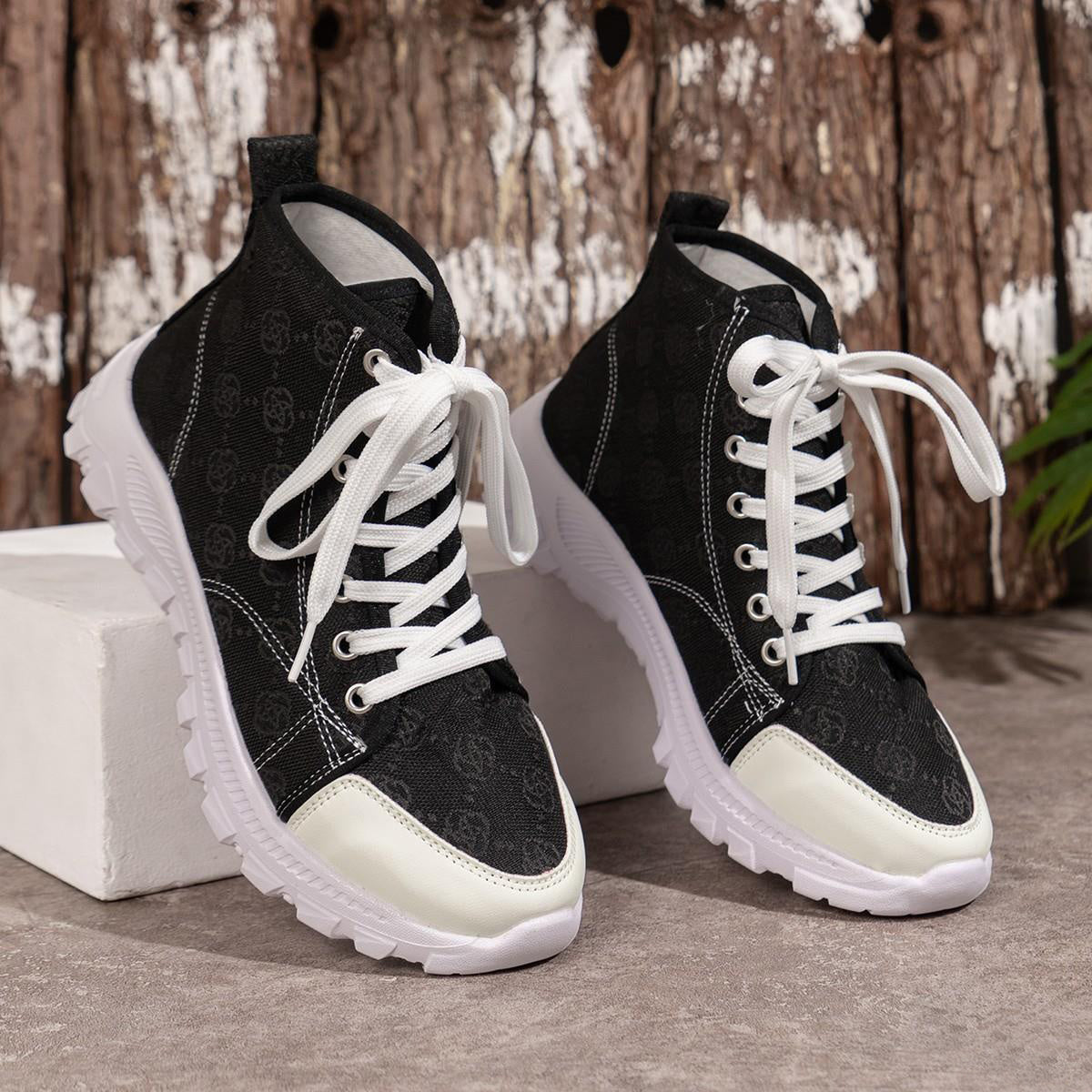 Rose-printed Lace-up Boots Fashion Breathable Canvas Shoes Sports Casual Non-slip Thick-soled Short Boot For Women null