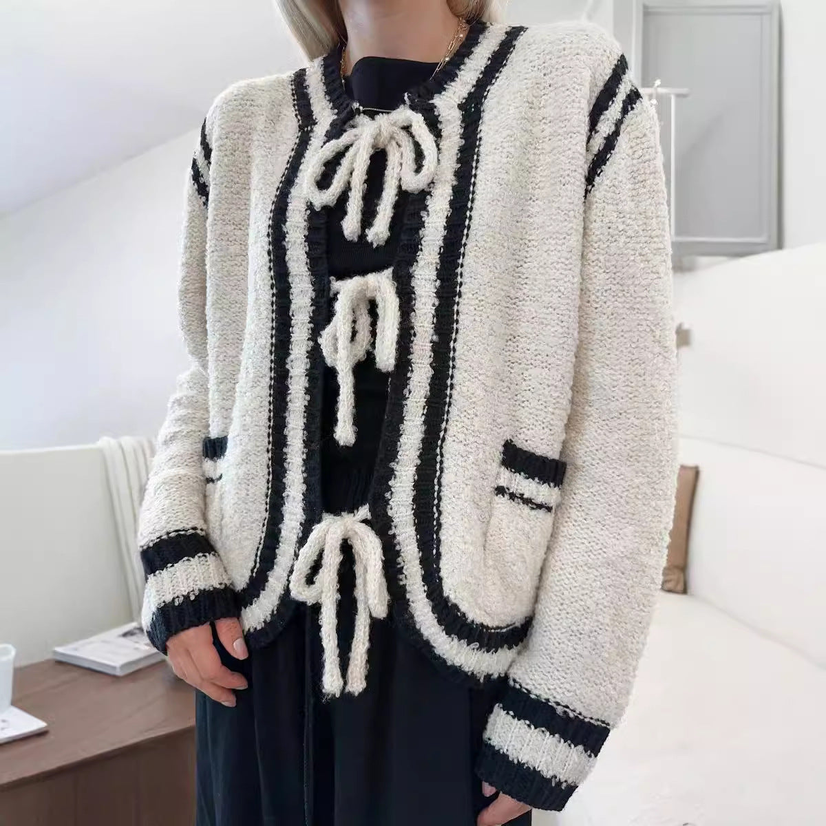 Knitted Lace-up Pocket Sweater Coat Women's Clothing null