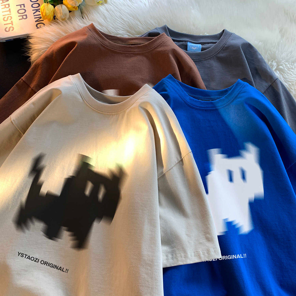 Cat Print Hong Kong Style Loose Short Sleeved Shirt