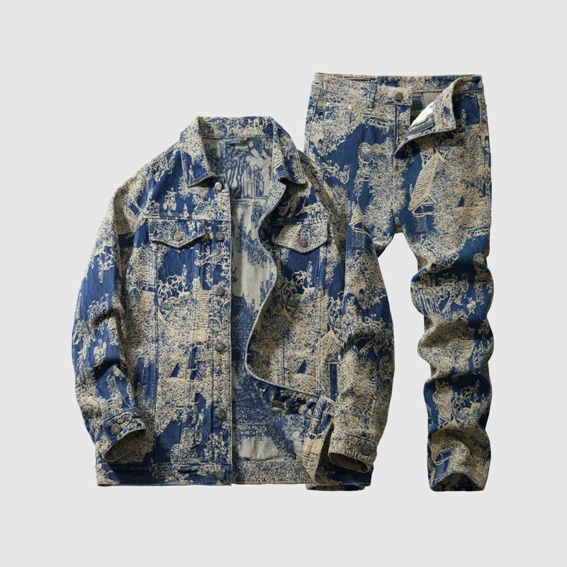 Mens Sophisticated Embossed Denim Jacket For Spring And Autumn In A Casual American Style blue embossed denim jacket and jeans set