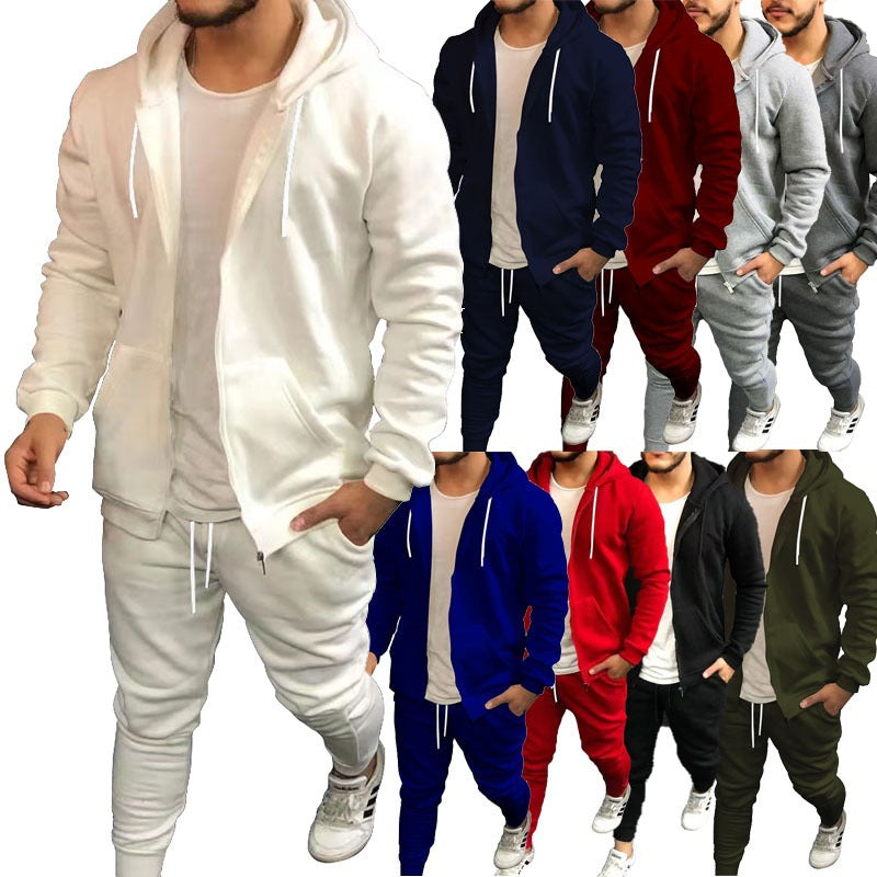 Mens Fashion Solid-Color Casual Hooded Cardigan Set