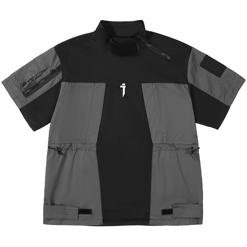 Summer New Mechanical Style Stitching Workwear Short Sleeve Men