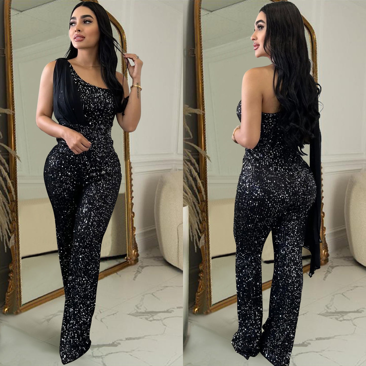 Women's Solid Color Sleeveless One-shoulder Sequined Trousers Jumpsuit