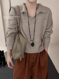 Womens Polo-Neck Sweater Fashionable Casual Artistic Solid-Color
