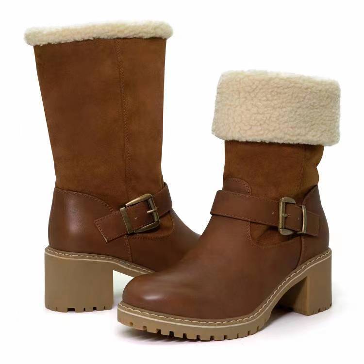 Fashion Boots With Buckle Chunky Heel Shoes Warm Winter Round Toe Western Boots For Women null