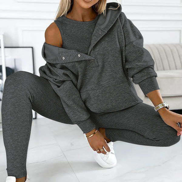 3pcs Women's Sports Suit Loose Hooded Pockets Sweatshirt And Vest And Slim Trousers null