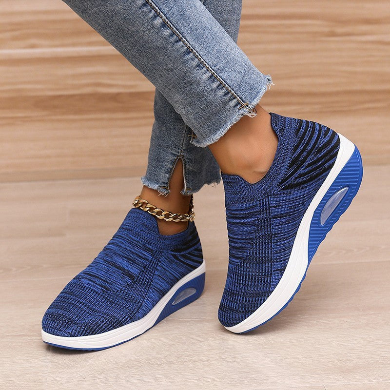 New Stripe Design Mesh Shoes Fashion Slip On Air Cushion Shoes Breathable Round-toe Flats Women null