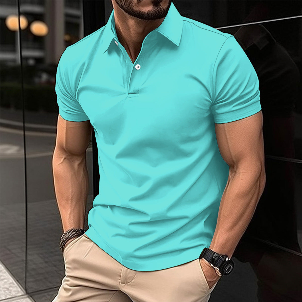 Summer Short Sleeve Polo Shirt Men Solid Color Button Lapel Button Top null