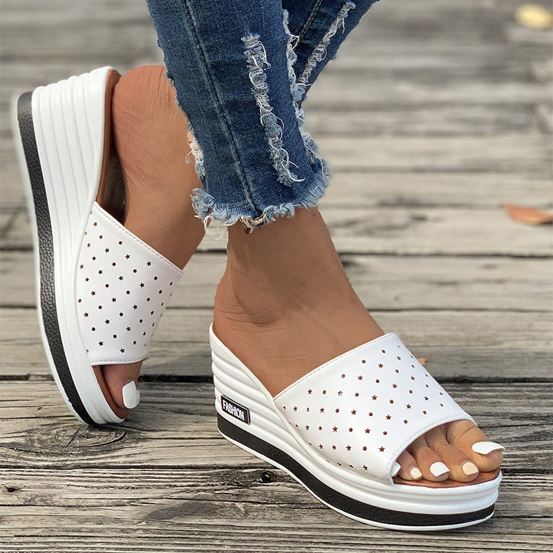 Fish Mouth Wedges Sandals Summer Fashion Hollow Design High Heels Slides Slippers Casual Beach Shoes For Women null