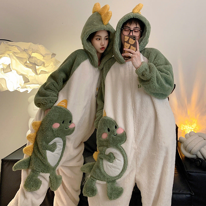 Cute Cartoon Jumpsuit Homewear Couple One-piece Nightgown Coral Fleece Winter Thickened Plush Pajamas For Women Home Clothes null