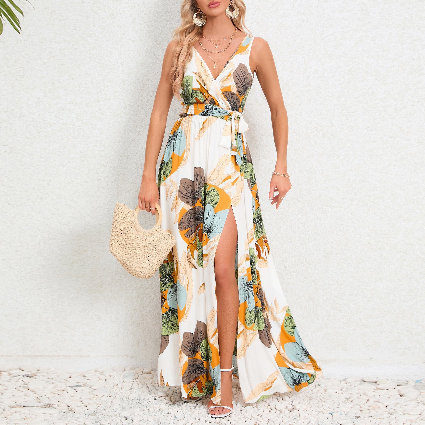 V-neck Floral Print Long Dress Summer Fashion Waist Tie Slit Design Sleeveless Dress For Womens Clothing.