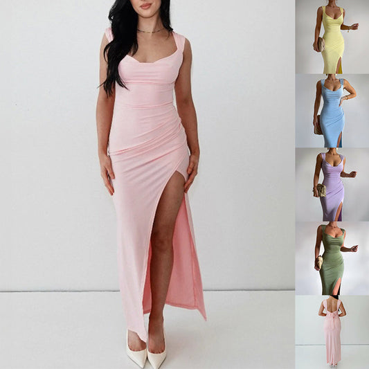 Slim Sleeveless Slit Dress With Back Tie Design Fashion Temperament Dresses For Women Clothing null