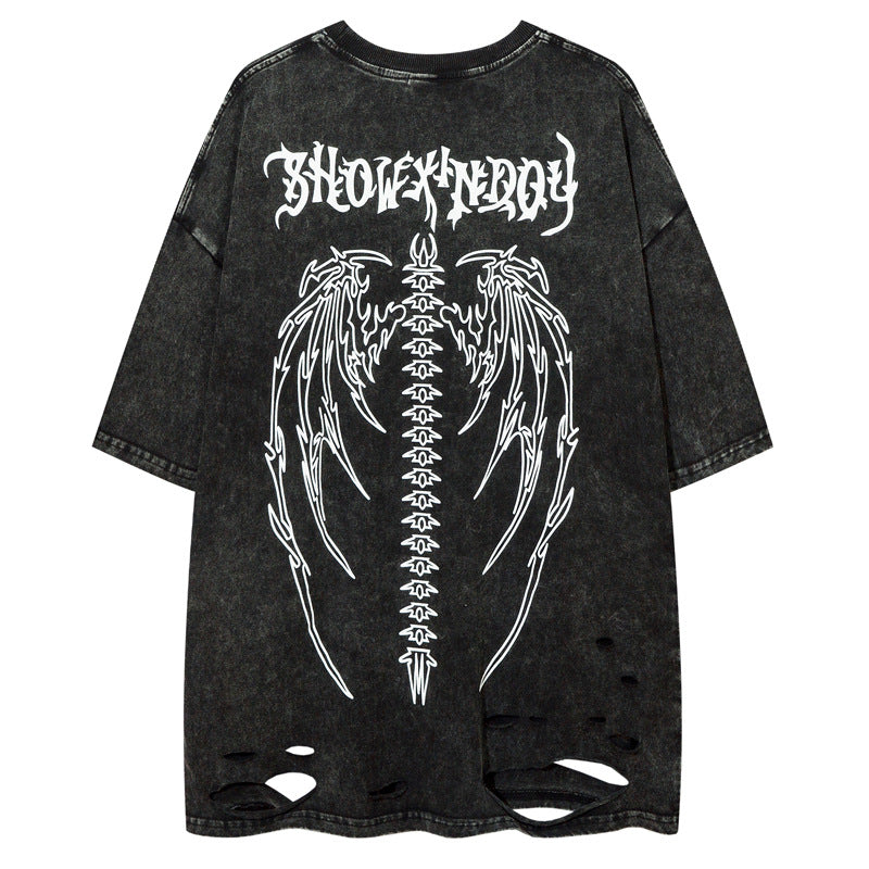 Hip Hop Retro Washed Distressed Printed Ripped Short Sleeve