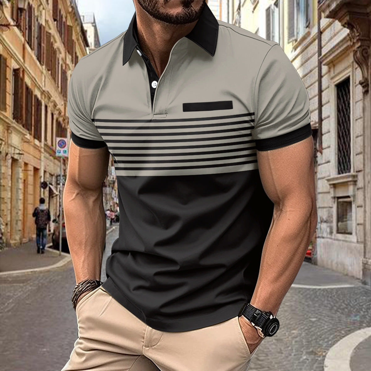 Casual Striped Shirt With Chest Pocket Men Clothing null