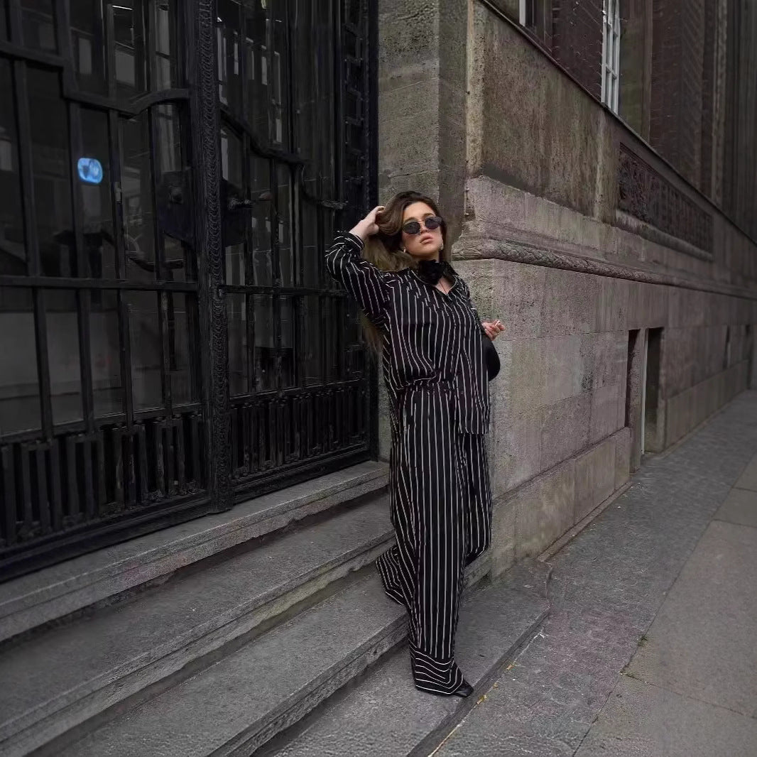 Elegant Style Button Striped Wide-leg Pants Suit null