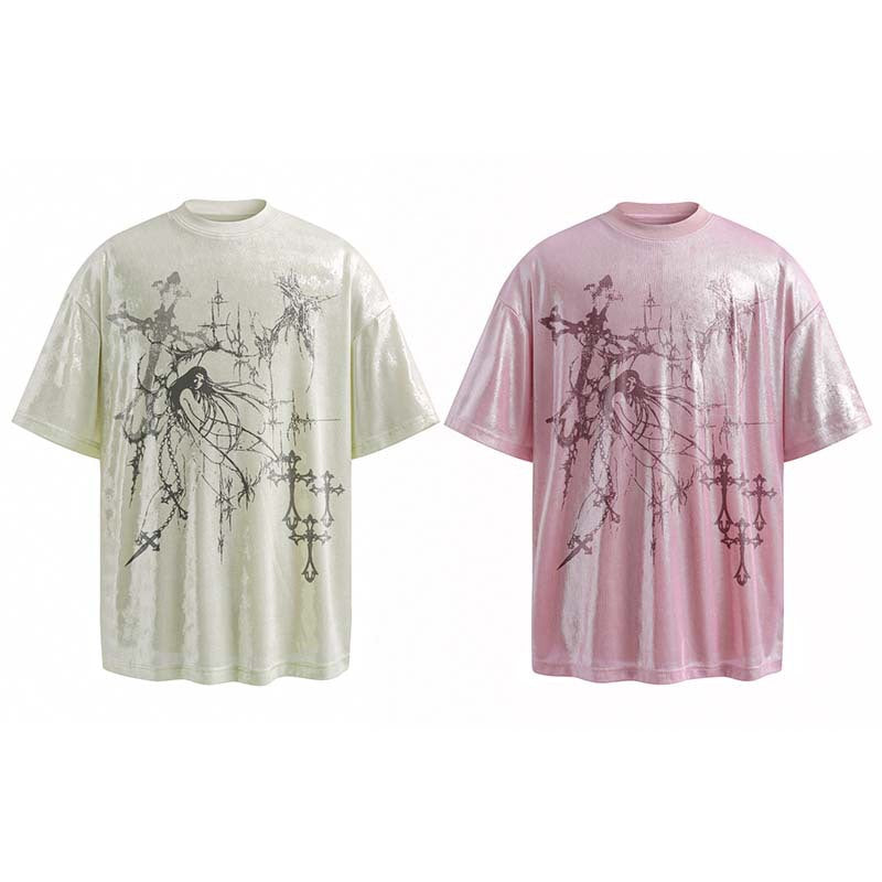 High Street American Martial Arts Character Chain Cross Printed Short Sleeve T-shirt Men