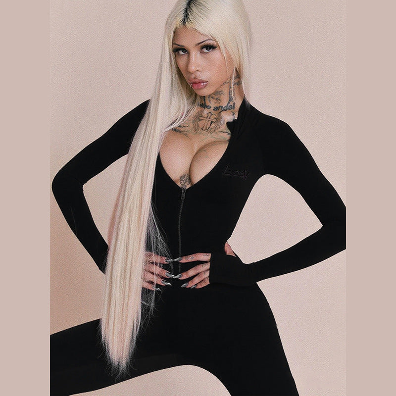Stylish Street-style Commuter Skinny Zip-up Long-sleeve Jumpsuit