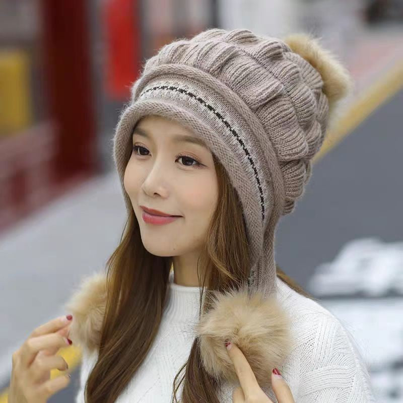 Cozy Knit Fleece-Feel Beanie With Ear Flaps & Pompom Warm Winter Hat For Women Perfect For Skiing & Outdoor Activities null