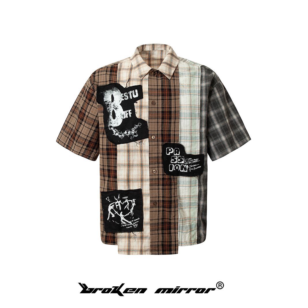 Retro Multicolor Plaid Stitching Graffiti Shirt
