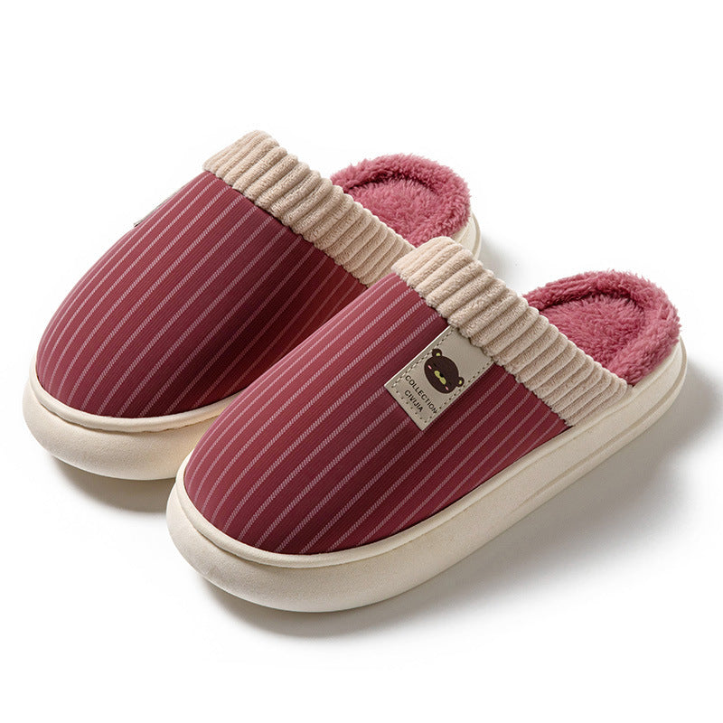 Solid Striped Plush Slippers Winter Warm Bear Fleece Shoes House Indoor Bedroom Floor Thick-soled Home Slipper For Women Men Couple null