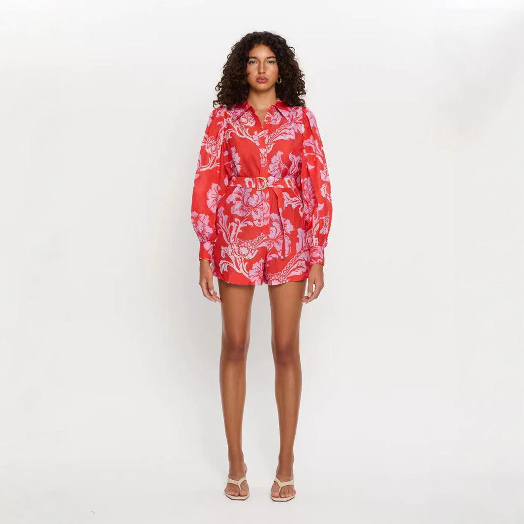 Loose Casual Puff Sleeve Lace-up Linen Jumpsuit For Women