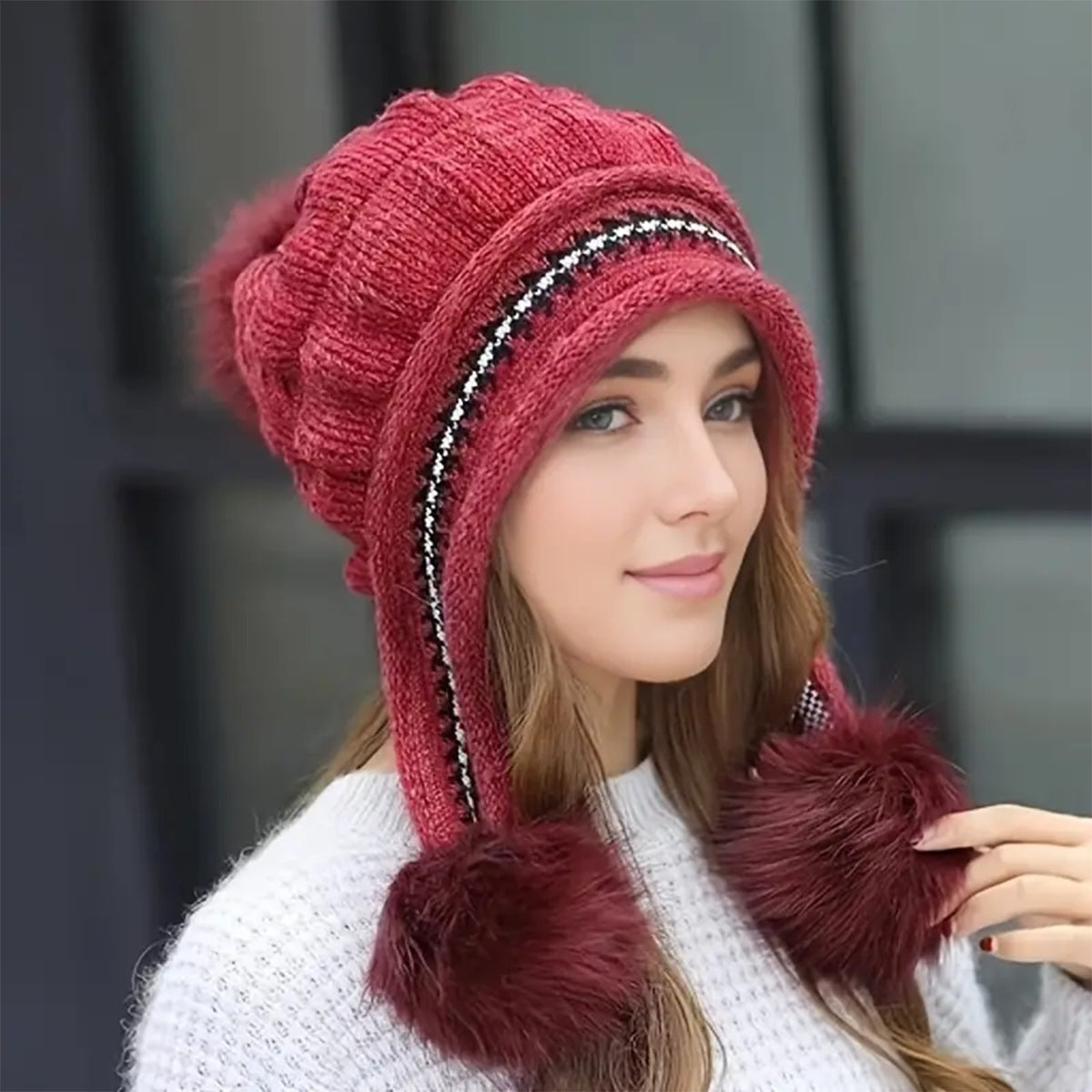 Cozy Knit Fleece-Feel Beanie With Ear Flaps & Pompom Warm Winter Hat For Women Perfect For Skiing & Outdoor Activities null