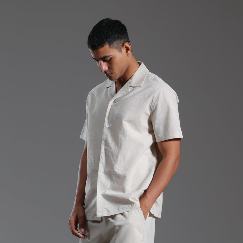 Cuban Collar Linen Cotton Blended Short-sleeved Shirt