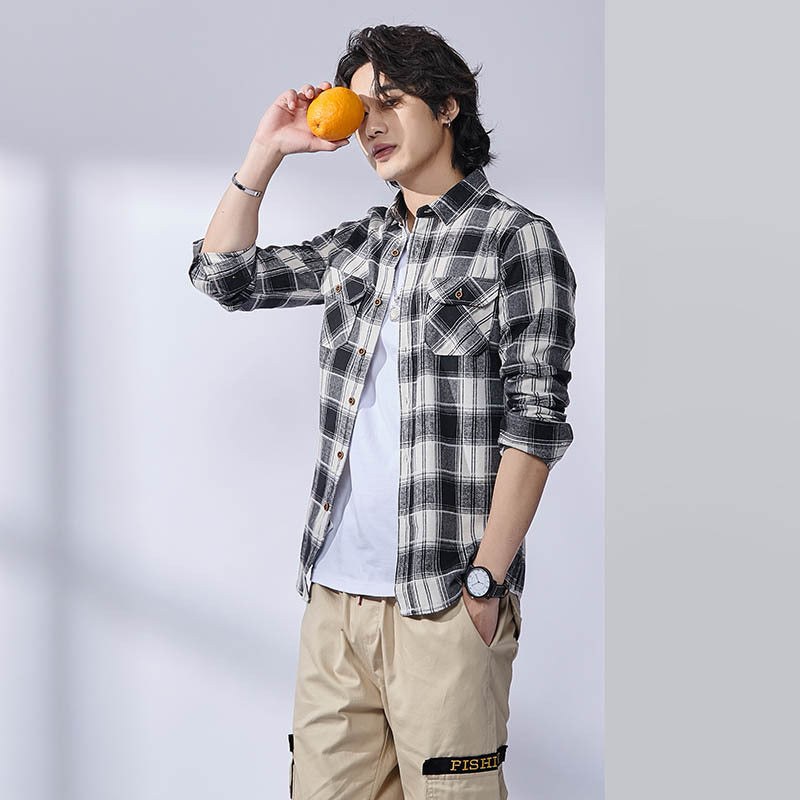 Men's Casual Plaid Lapel Long-sleeve Shirt