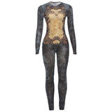 Women's Printed Sexy Mesh High Waist Slim-fit Zipper Long-sleeved Jumpsuit