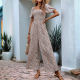 Square Collar Puff Sleeve Vacation Style Floral Jumpsuit