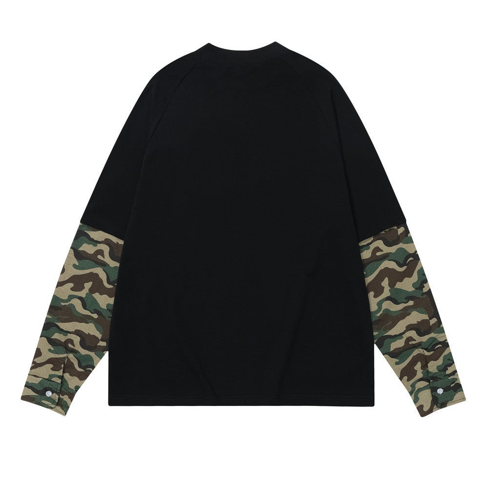 False Two-piece Patchwork Camouflage Long Sleeve Loose T-shirt Men