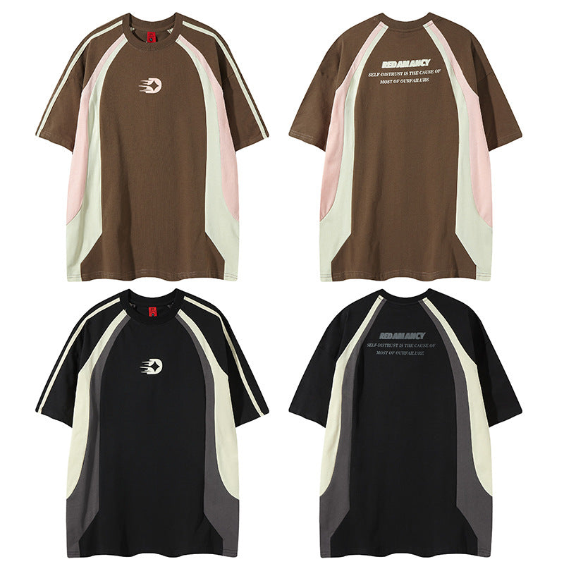 Men's Loose Sports And Leisure Retro Patchwork Contrast Color Short-sleeved T-shirt