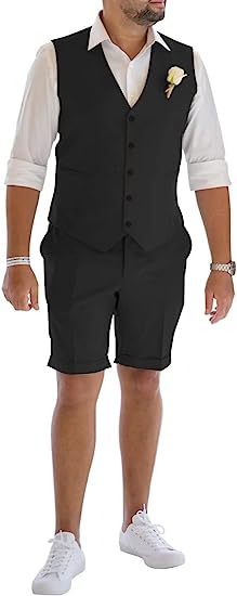 Men's Linen Suit 2 Piece Set Beach Wedding Shorts And Vest Suit