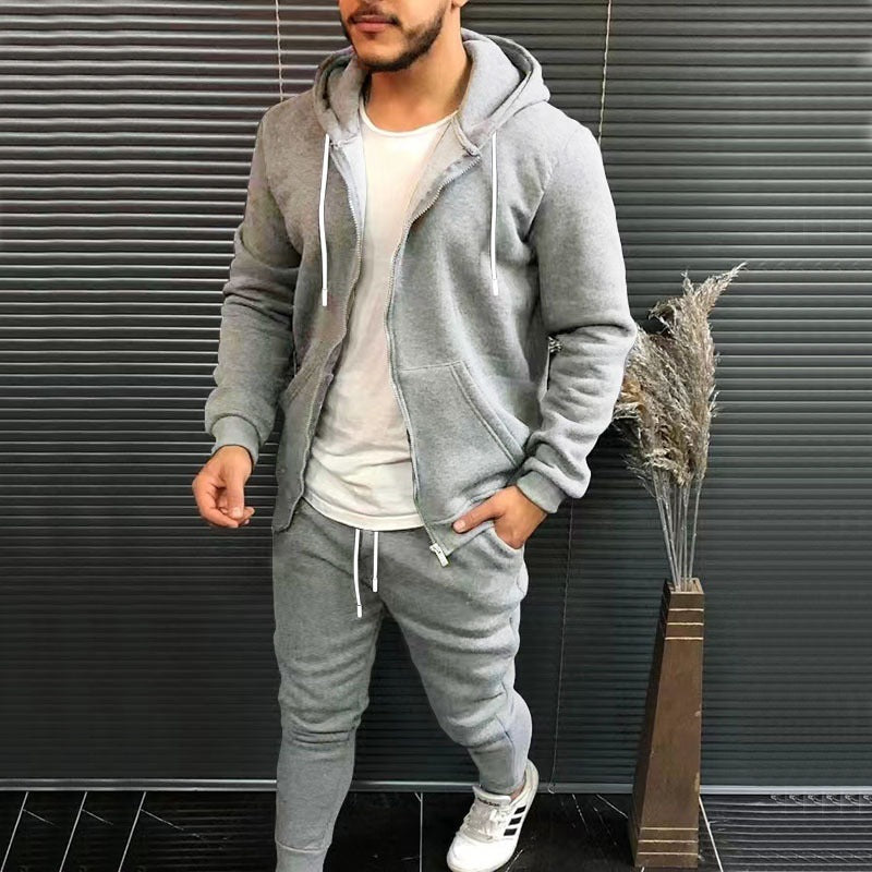 Mens Fashion Solid-Color Casual Hooded Cardigan Set