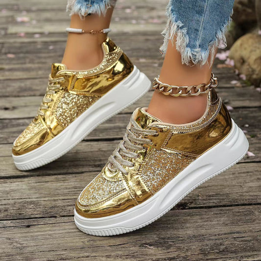 Fashion Lace-up Flat Shoes With Sequin Design Casual Sports Thick Bottom Round Toe Shoes For Women Non-slip Walking Sneakers null