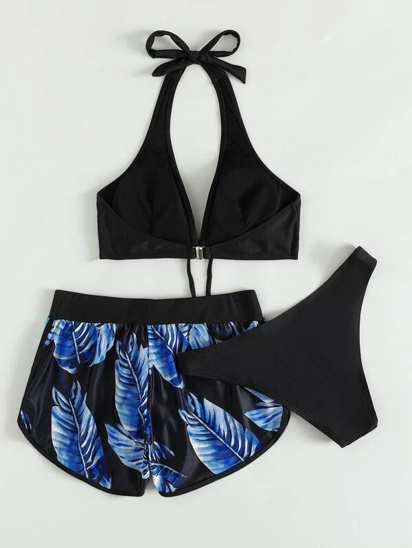 3pcs Leaf Print Bikini With Shorts Fashion Summer Beach Swimsuit Womens Clothing.