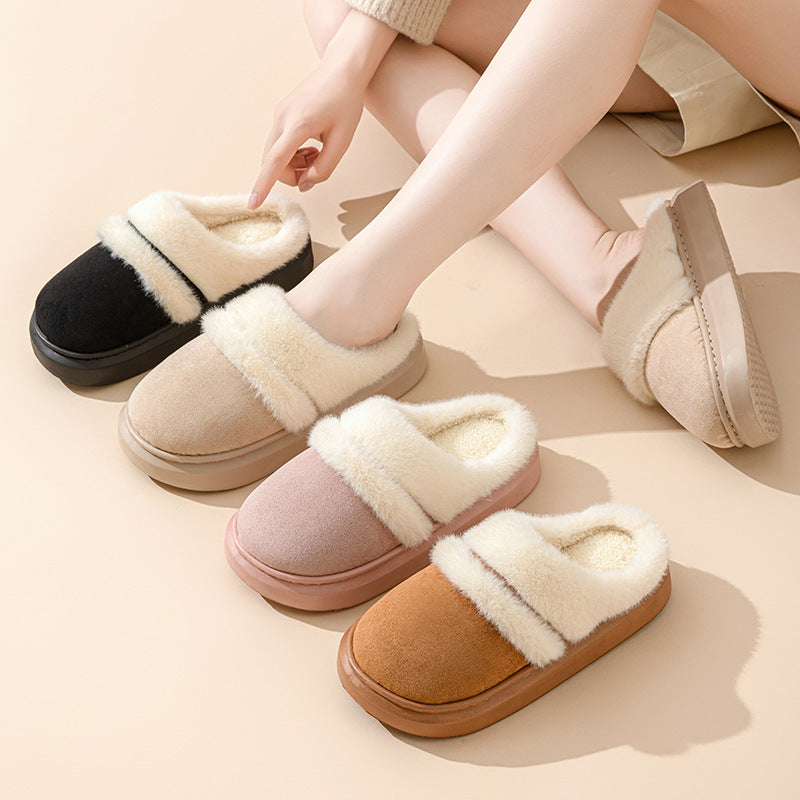 Fashion Warm Cotton Slippers For Women Leisure Thick Bottom Non-slip Plus-velvet House Shoes Winter Bedroom Floor Suede Slipper null