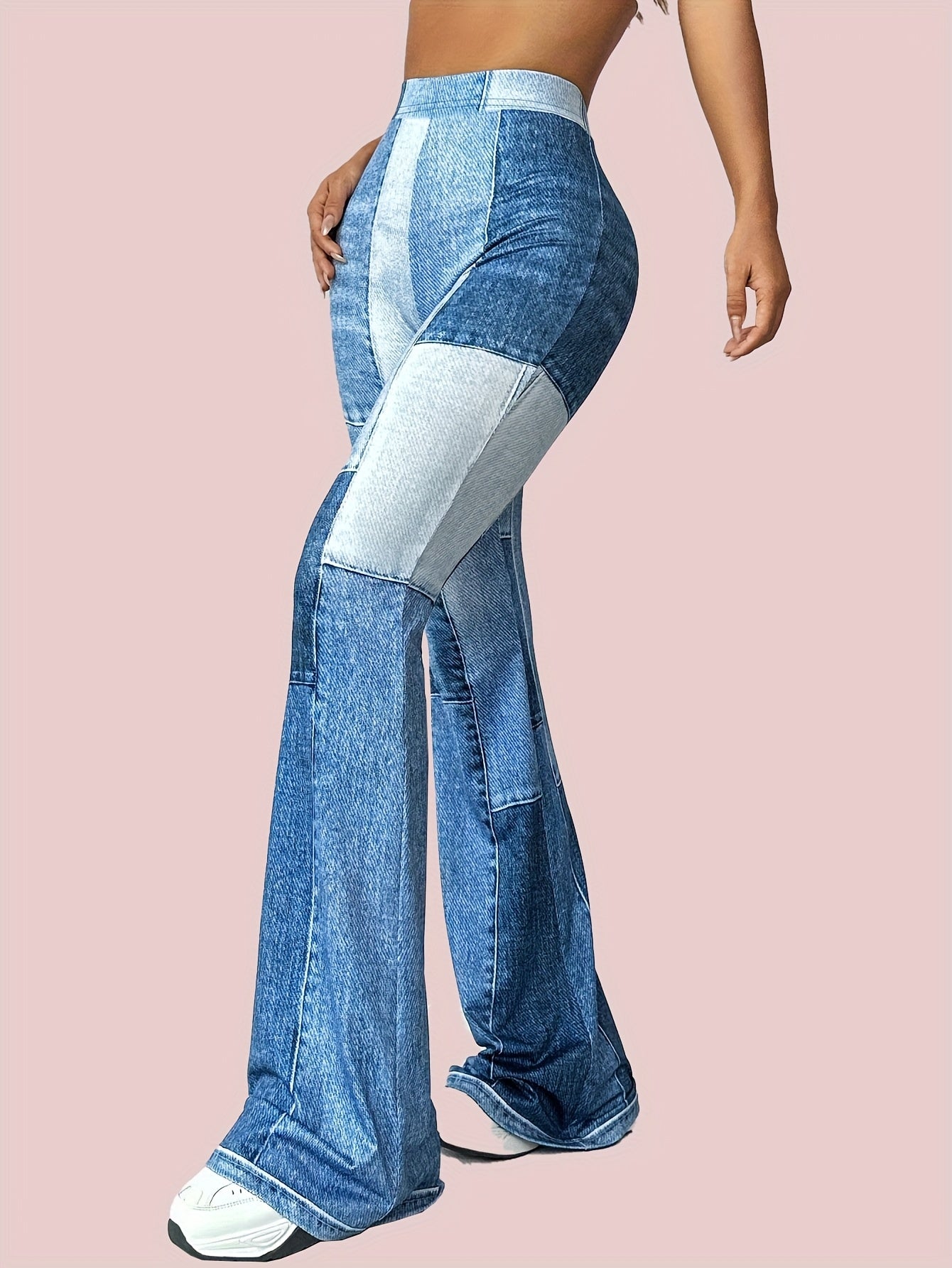 Women's High-Waisted Flare Jeans - Blue Denim Print, Patchwork Design, Stretchy & Comfortable, Casual Style, Machine Washable - Perfect for Spring & Summer, Comfortable Leggings|Bellbottom Silhouette|Smooth Texture Fabric Dropshipman