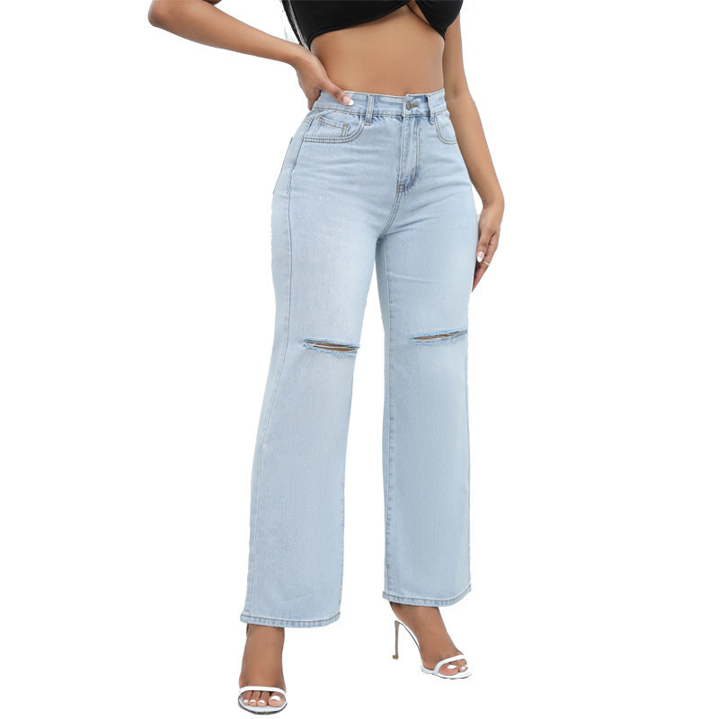 Elegant Ripped Wide-leg Jeans Women null