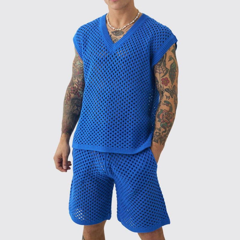 Men's V-neck Knitted Vest Shorts Suit