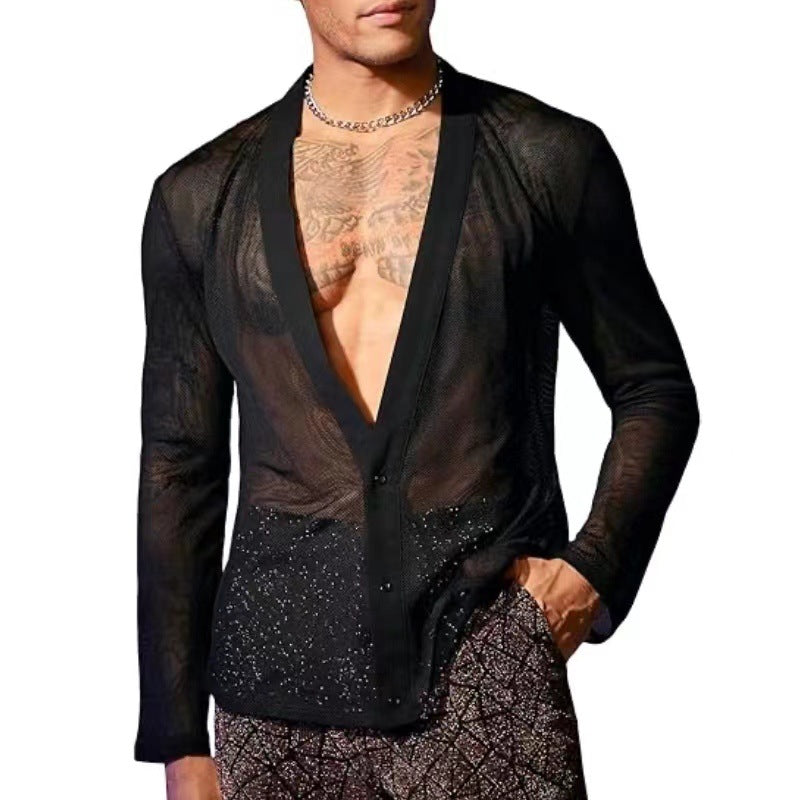 Men's Transparent Mesh V-Neck Cardigan Top