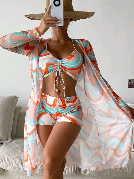 3pcs Pring Bikini With Long Sleeve Cardigan Fashion Summer Beach Swimsuit Women.