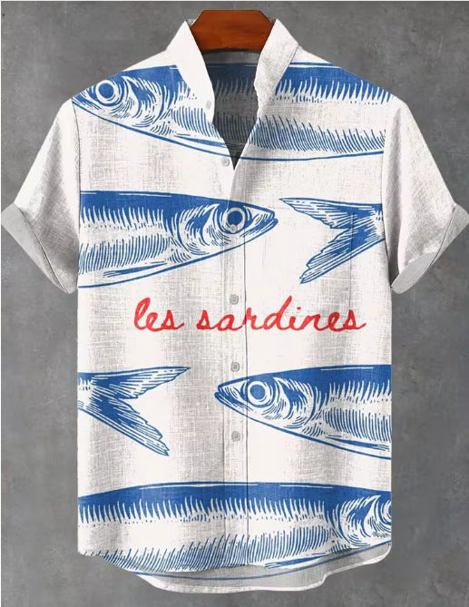 Vintage Linen Comfort Printing Short Sleeve Shirt Men Button Top