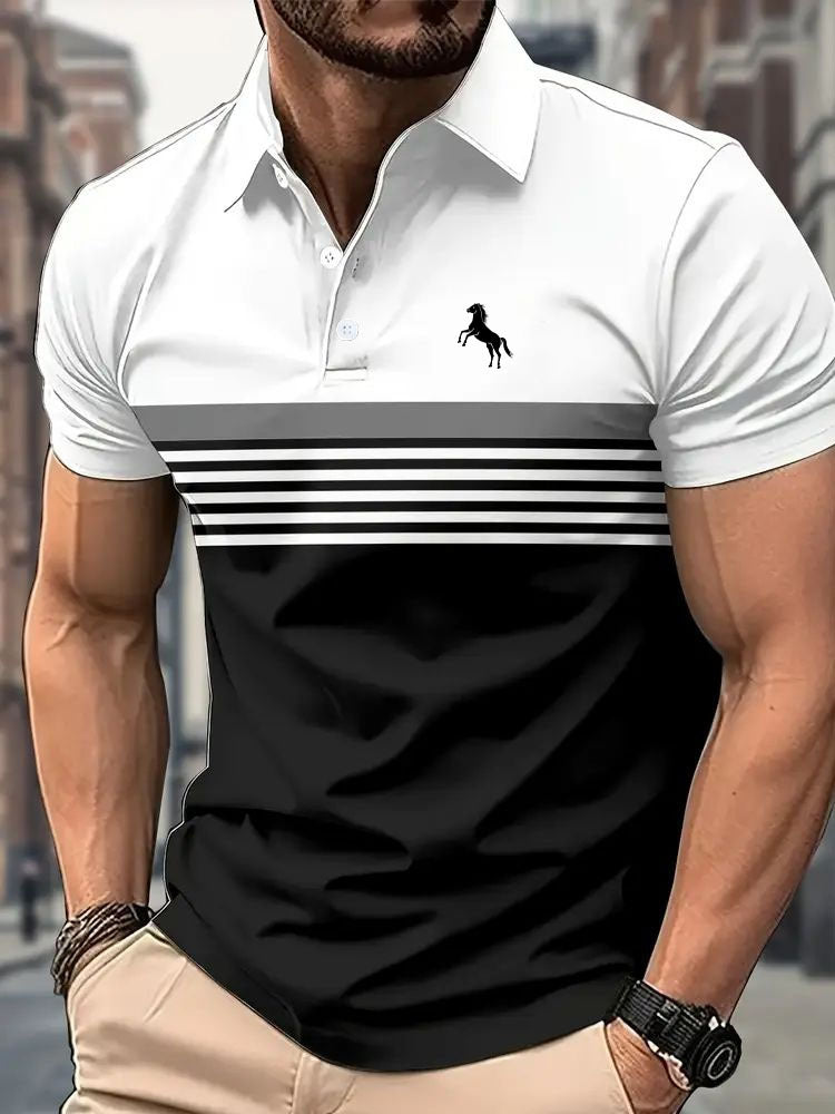 Men's Casual Striped Color Block Design Sports Style Collar Golf Shirt