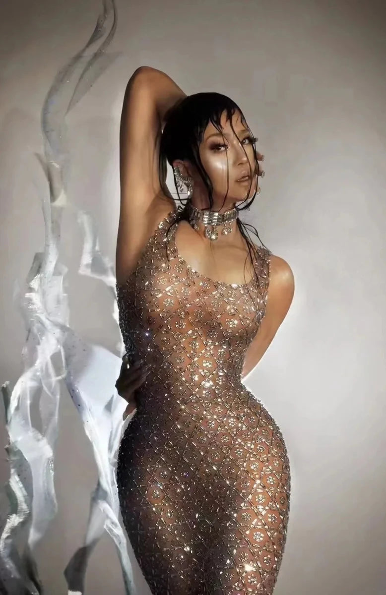 Birthday Celebrate Evening Stretch Costume Sexy Stage Dance Performance Dress Silver Rhinestones Brown Transparent Mesh Dress Dress Birthday Celebrate Evening Stretch Costume Sexy Stage Dance Performance Dress Silver Rhinestones Brown Transparent Mesh Dress - shop_name