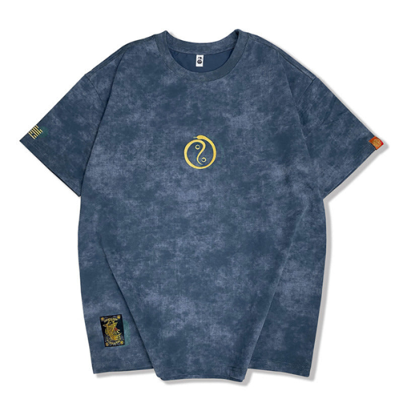 Embroidered Crew Neck Short Sleeve Washed Old Men