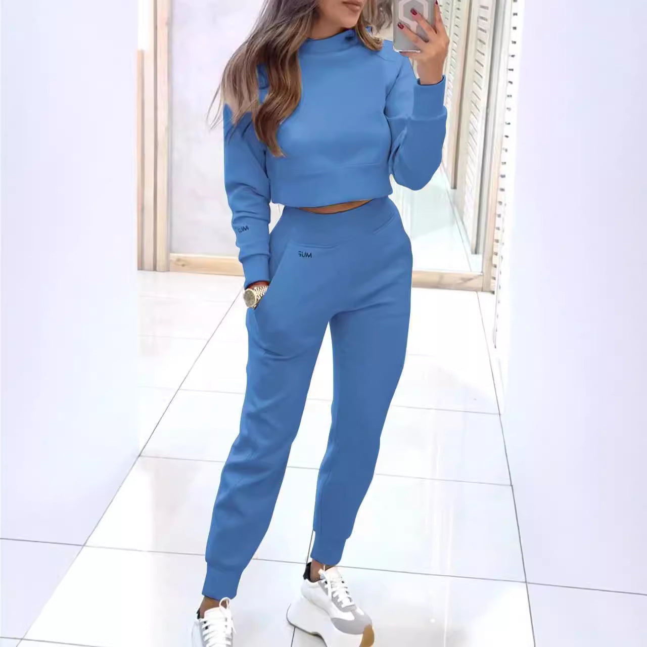 Stand Collar Sports Suit Fashion Pullover Long-sleeves Short Top And Slim Trousers With Pockets Solid Outfits Women's Clothing null